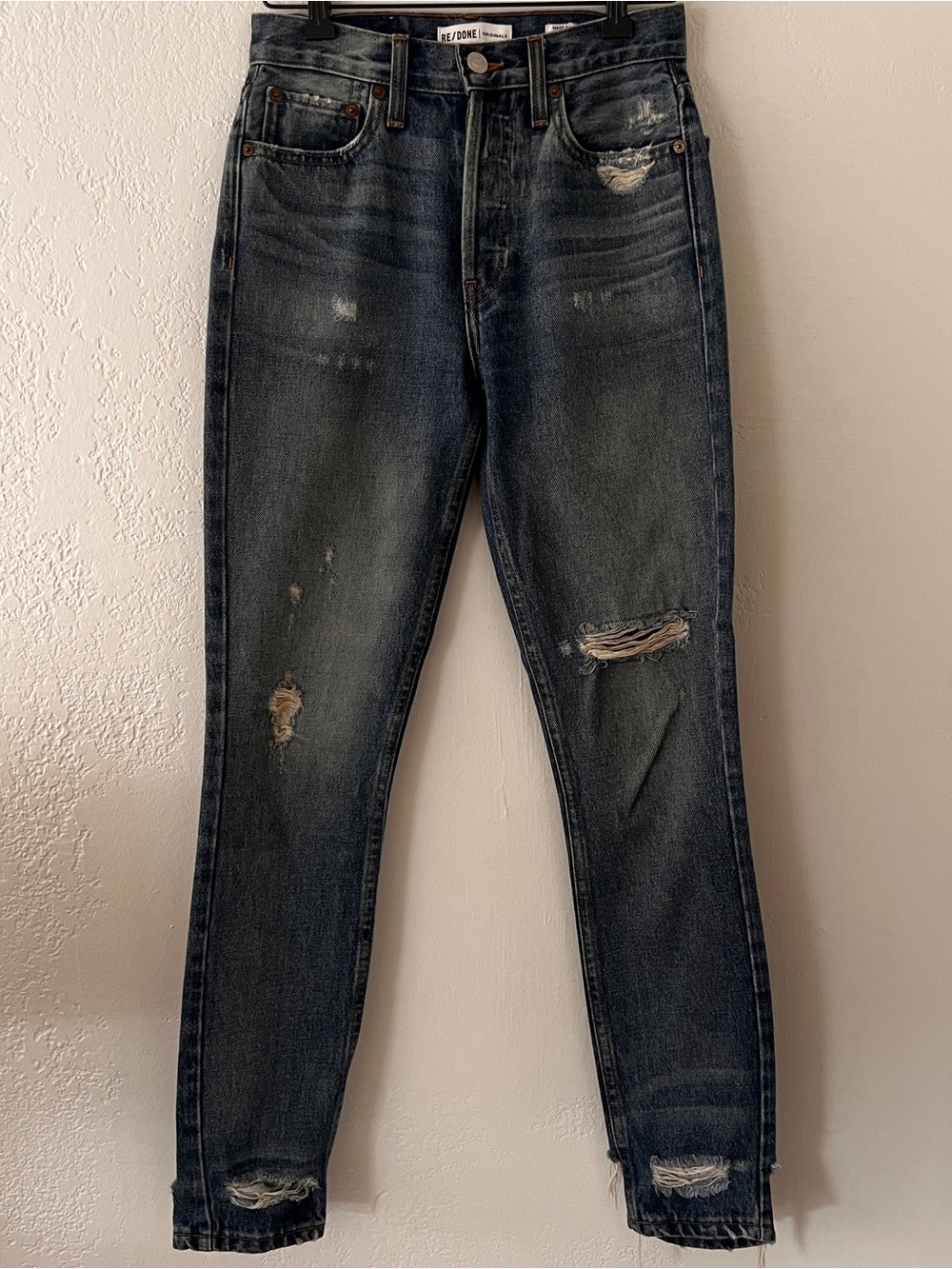 Re/Done Cotton Slim Straight Distressed Jeans